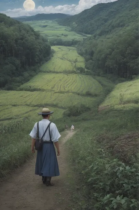 Old farmer carrying flat load, walking along winding path in countryside, big moon, Jupiter reflected, big clouds, blue sky, rice fields, neat rice seedlings in fields, forest, hillside, secluded, countryside, HD detail, hyper detail, film, surrealism, sof...