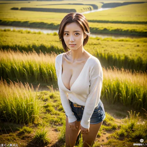 African grassland background, Kusaki River, Professional director, Professional Lighting, (Highest quality, 12896k,masterpiece), Very beautiful face, Japanese Model, Big Breasts, clavicle,Money, Ultra HD, (Photorealistic:1.1), RAW Photo, One Girl, Beautifu...