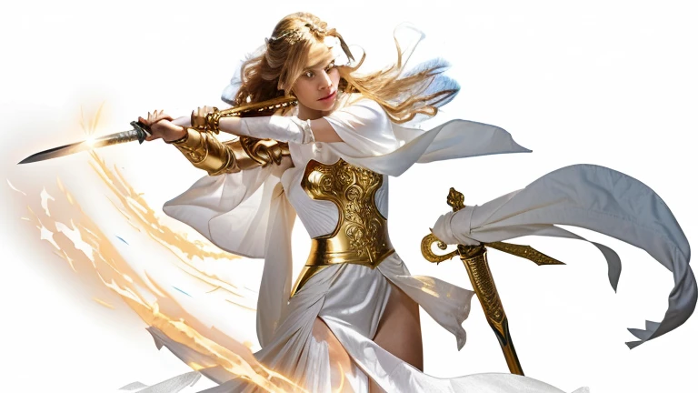 a woman in a white dress holding a sword and a golden staff, 