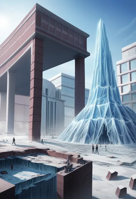 (whole city:1.5)，（Overlooking the View:1.5),Wide Wide Shot，See-through，Depth of written boundary，The end of the world，Transparent and ethereal ice sculpture city,Ruins frozen in the snow，Transparent ethereal ice sculpture modern city，Ice City 2 0 8 0，Icebe...