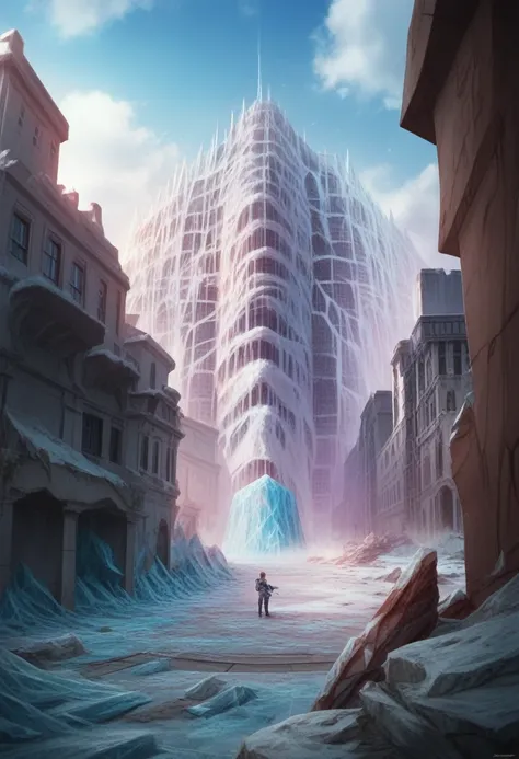 (whole city:1.5)，（Overlooking the View:1.5),Wide Wide Shot，See-through，Depth of written boundary，The end of the world，Transparent and ethereal ice sculpture city,Ruins frozen in the snow，Transparent ethereal ice sculpture modern city，Ice City 2 0 8 0，Icebe...