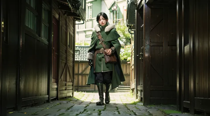 yuichiro hyakuya, (WithoutFear:1), 1 boy, black hair, green eyes, brown coat, gray armor, green shield, green cloak, dark brown gloves, town, white fur trim, anime, standing, good quality, portrait, looking at viewer