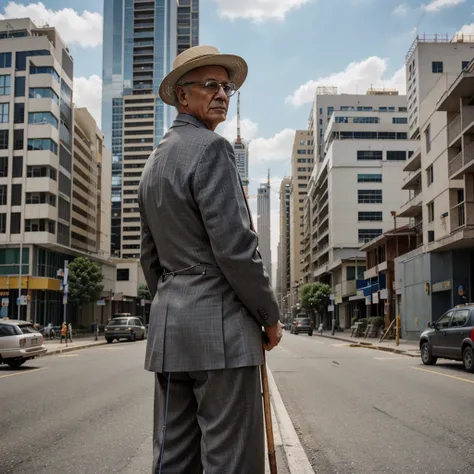 An image of a retiree in his 70s, well dressed, with wide brimmed hat,  with a cane, looking back at the construction of a block of buildings, without being finished, with tall construction cranes