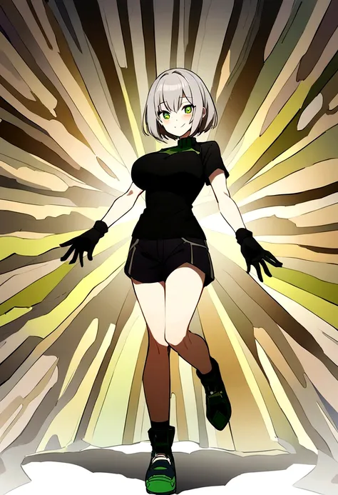 anime　anime　whole　Semi-short hair　Short Bob　Gray Hair　woman　Big Breasts　Gray Hair　Shorts　Black T-shirt　　anime 　whole body　　anime　whole body　smile　３３age　whole　anime画像　Black gloves　cool　　anime　グレーのShorts　　Big Breasts　anime　　anime　field　Black T-shirt　cool　ani...