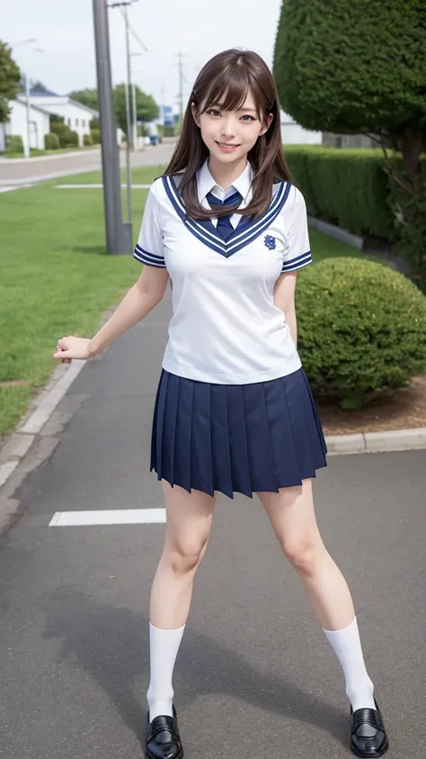 Full body angle, ((school uniform)), one woman, 40 years old, mature woman, large blests, Japanese, Shiraishi Mai, Nishino Nanase, Kitagawa Keiko, married woman, beautiful woman, pretty face, cute face, refreshing and natural smile