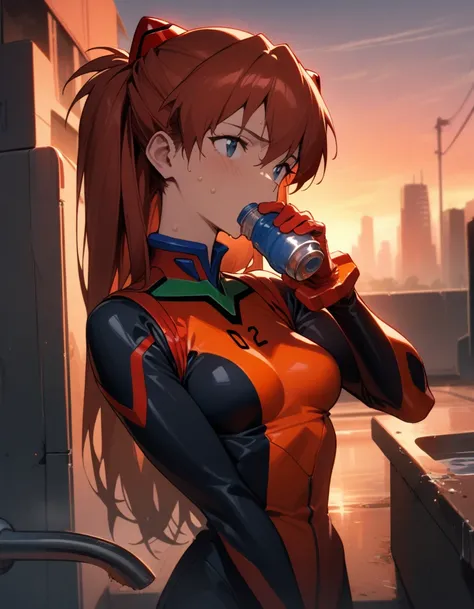 "1girl, Asuka Langley Soryu, Neon Genesis Evangelion, medium breast,athletic build, track and field uniform, red hair clips, sweaty skin, drinking water, outdoor faucet, futuristic school setting, Eva unit in distance, tired expression, relief, plug suit n...