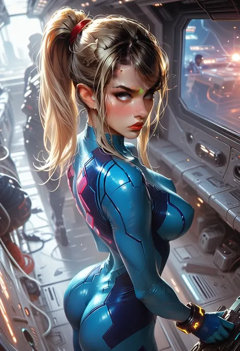 Samus aran, large breast, big ass, zero suit, gun, Standing on board a spaceship, spaceship, detailed panting