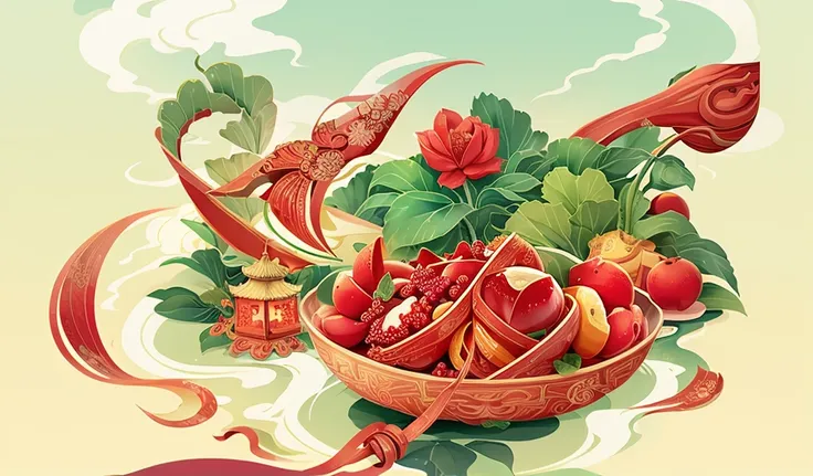 A red pomegranate, flowers and leaves, with a Chinese style, a colorful cartoon hand-drawn illustration