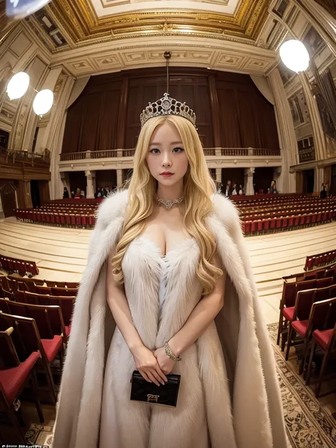 A majestic queen in a gorgeous dress。Blond Swedish woman。Fur Cape。A room in a Gothic palace。Watching the audience、((Fisheye Lens))