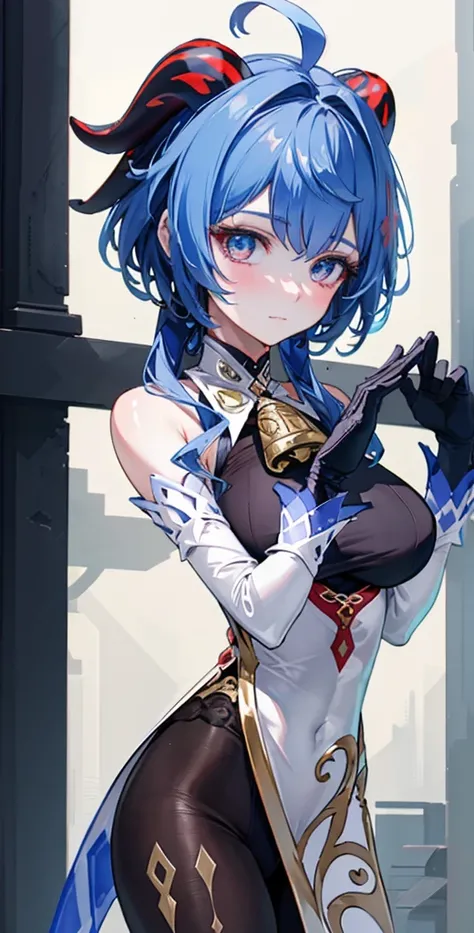 (photorealistic:1.4), (masterpiece, sidelighting, finely detailed beautiful eyes: 1.2), masterpiece*portrait, realistic, 3d face, 
ganyu (genshin impact), 1girl, ahoge, architecture, bangs, bare shoulders, bell, black gloves, black pantyhose, (blue hair), ...