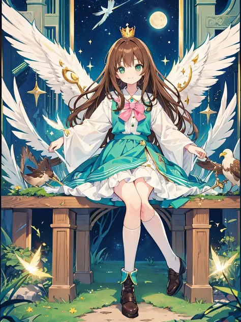 kawaii, anime, Cute, hyper quality, highly detailed, 16k, Front facing, Clarity, full body, smile, one girl and one bird, long brown hair, green eyes, alices wonderland, throne, Fantastic, cross your legs, crown, crystal, brown bird familiar, magic effects...