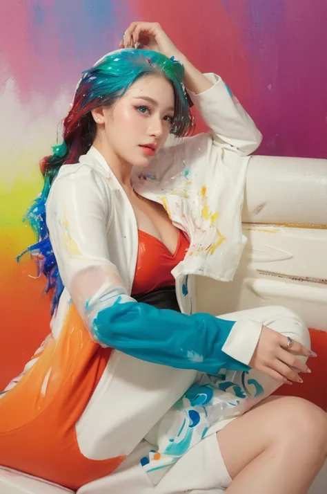 (solid background), ((thick acrylic pigment color splashes on a background and clothes, vivid colors of splash and thick paints):1.8), large crystal clear eyes, (high ponytail hair dyed with multiple vivid colors:1.6), (exquisite makeup, long eyelashes), (...