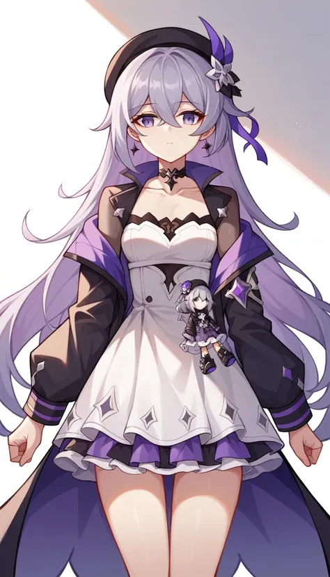 masterpiece, best quality, ultra-detailed, illustration, 1girl, solo,  herta /(honkai star rail/), grey hair, long hair, purple ...