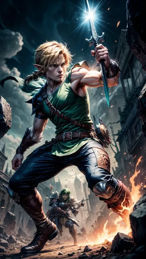 a dynamic action shot of Link from The Legend of Zelda video game series, in a vibrant comic book art style, with a magical glowing master sword, shield, and green tunic, fighting against monsters in a fantastical landscape, (best quality,8k,highres,master...