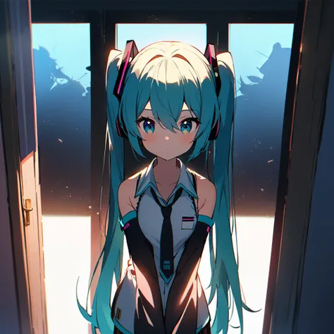 1girl, hatsune miku, best quality, amazing quality, aesthetic, rating:general, backlighting, straight-on, shade, bloom, silhouette, upper body, crack of light, peeking out, Indoors, open door, sleeveless shirt, detached sleeves, necktie,