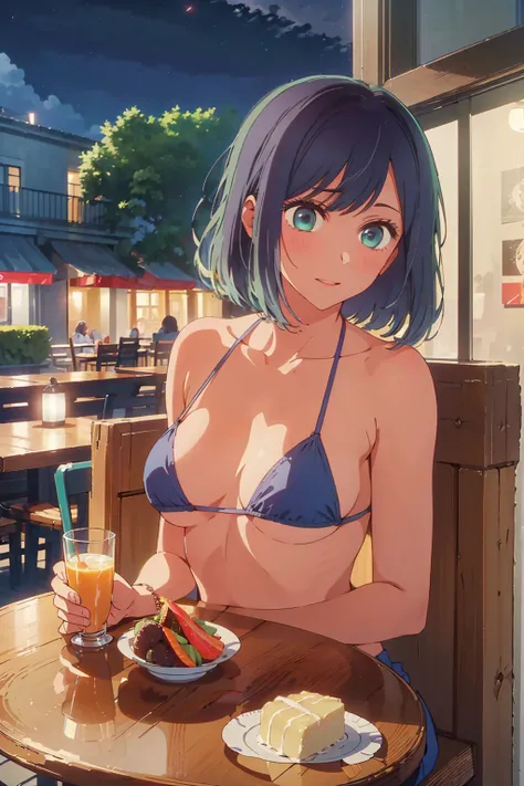 (Highest quality:1.4、masterpiece:1.4、Super detailed:1.4、8K:1.4)、((((1 person、Surprised expression、sit、Outdoor café terrace、coastal、juice、table、Sandy Beach、juiceのグラスを持つ、Micro Bikini、Very soft boobs、Big eyes、Very cute face))))、(moonlight:1.4、at night:1.4)、F ...