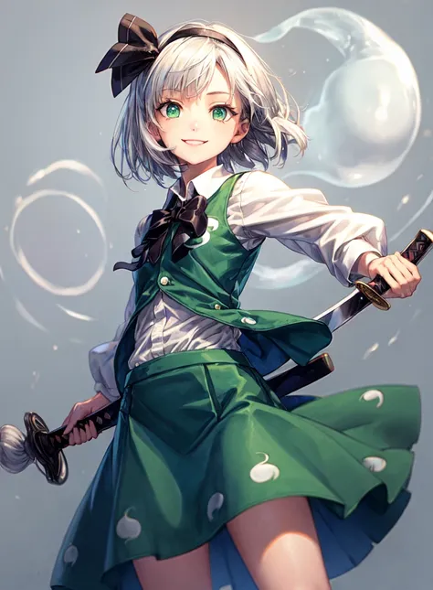 masterpiece, best quality, 1girl, white hair,short hair,hair ribbon,hairband, green eyes,bow,white shirt,green vest,green skirt,...