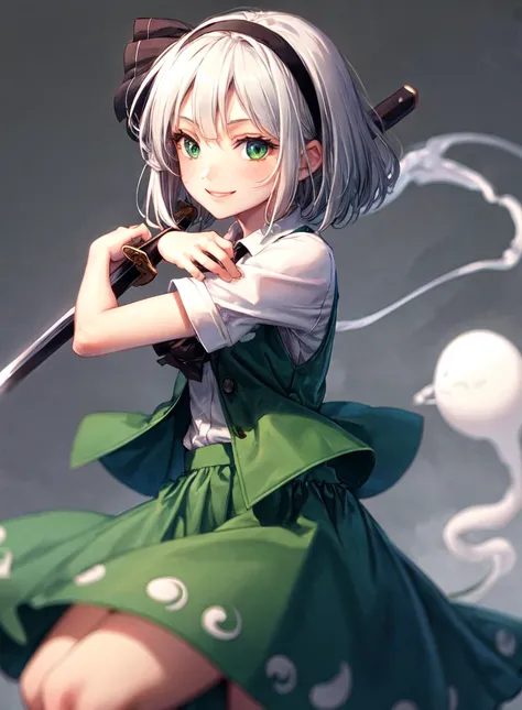 masterpiece, best quality, 1girl, white hair,short hair,hair ribbon,hairband, green eyes,bow,white shirt,green vest,green skirt,cowboy shot, smile,konpaku youmu (ghost),grey background, weapon, sword,