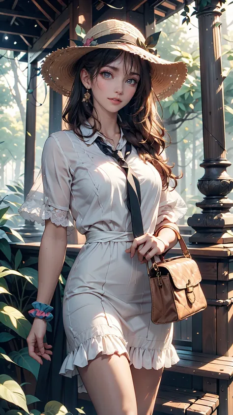 24-year-old female、Long eyelashes、Beautiful appearance、White summer dress decorated with lace、Brown Hair、Side Ponytail((Tie it up with a scrunchie))、Sunlight filtering through the trees、Forest Walk、Walking、Cute handbag、Sandals、Wide-brimmed hat decorated wi...