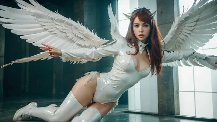 ((masterpiece, best quality, extremely detailed, solo, perfect face, full body)) angel ,white latex, futuristic, feathers, wings, red hair, green eyes, flying, attack