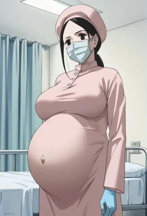 score_9,  score_8_up, score_7_up, source_anime, raw image, masterpiece, highest quality, natural light, patient room background, kasuganoray, good shape, pale skin, shy eyes, big breasts, scrubs, surgical mask, bouffant cap, long sleeve maternity dress, ti...