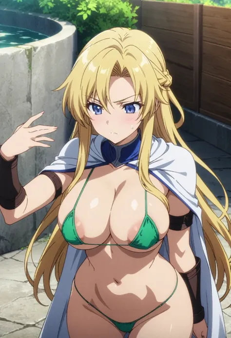 score_9, score_8_up, score_7_up,,BREAK source_anime, from front,,breast front view,standing,,upperbody.,1girl, celes chere, final fantasy.blonde hair, blue eyes, (ultra micro bikini,green bikini),large breasts,cleavage,pointy breasts,areolae peek,, white c...