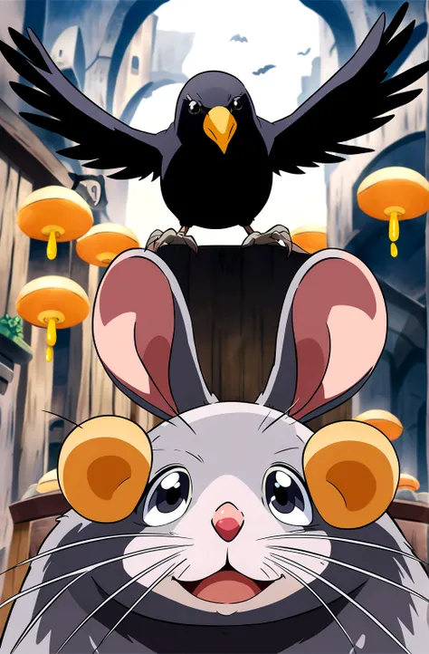 A mouse，There is a crow standing on the mouse&#39;s head，(Illustration style，Miyazaki animation style)