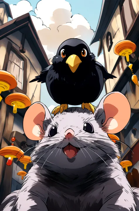 A mouse，There is a crow standing on the mouse&#39;s head，(Illustration style，Miyazaki animation style)