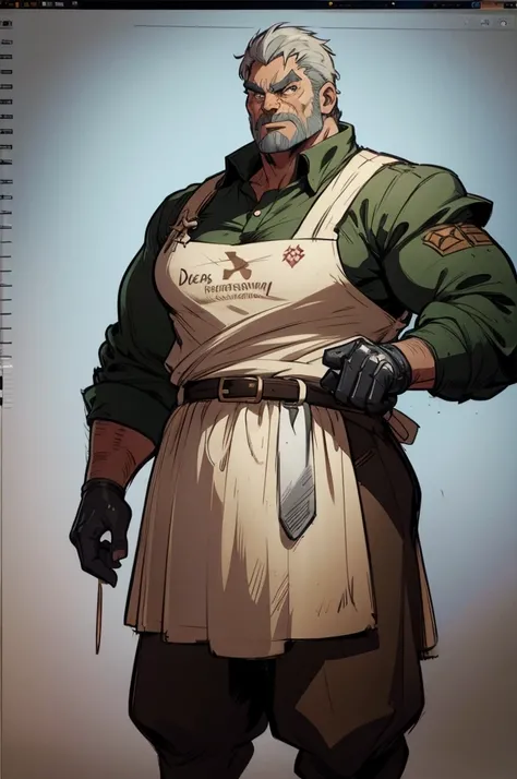 a cartoon image of a man with a knife in his hand, big Metzger man posing scarily, Ogre chef in an apron, Illustration concept art, extremely realistic concept art, realistic character concept art, He has big knives on his belt, Concept art illustration, C...