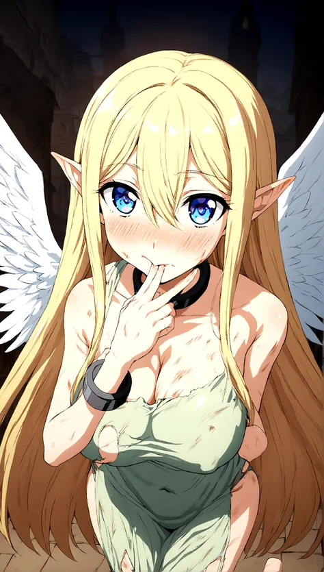 Anime. 1 Girl. Cute girl. Angel. Slave. Blonde. Long hair. Blue eyes. Beautiful eyes. Perfect eyes. Expressive eyes. Ideal face. Snotty nose. 16 years. Big breasts. Beautiful breasts. Pointy ears. Cold. Allergy. Runny nose. Snot. Snot flows from the nose. ...