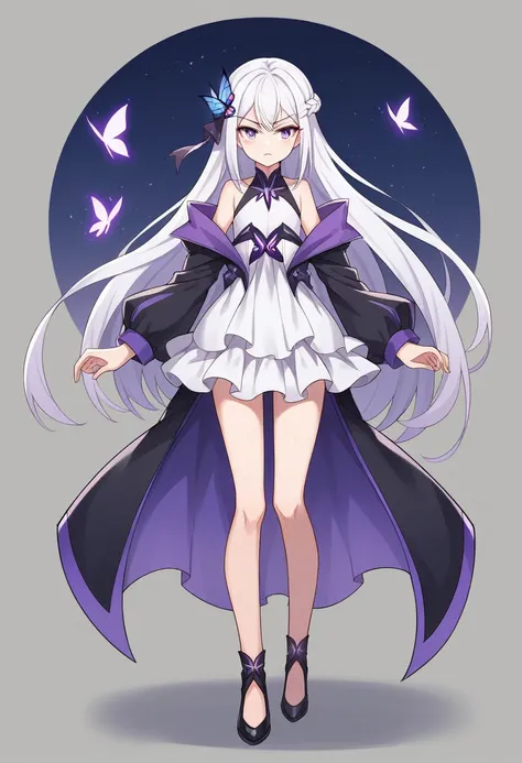 (best quality:1.3), (masterpiece:1.3), (illustration:1.3), (ultra-detailed:1.3), 1girl, solo, very young, flat chest, purple eyes, white hair, long hair, white dress, black coat, black beret, serious expression, angry expression, looking at viewer, purple ...