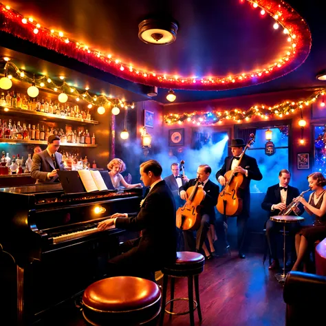 people sitting  in a smoky 1930s jazz bar, humans playing instruments on stage, bright christmas lights, people dancing