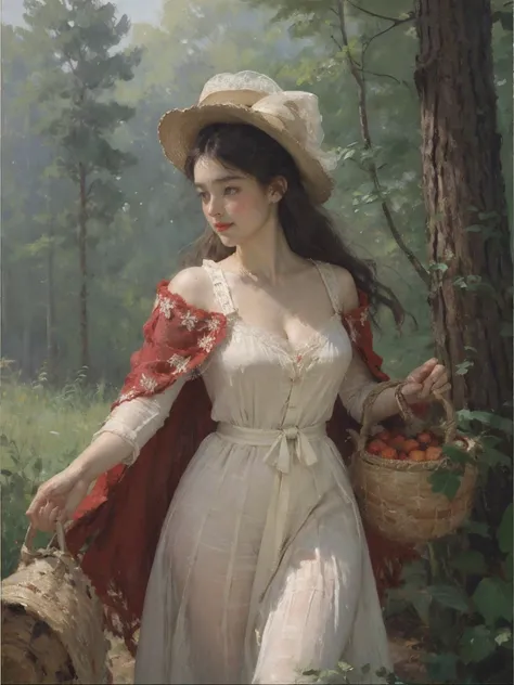 Absurd，High resolution，Super detailed Beauty and the Beast，Red Hat，1 Girl，1 giant tundra wolf，Red shawl，Red Hood，Lace dress，Red Hat, Cape, big bust bra, skirt, Red dress，Carrying a basket of fruit，Candy House，in the forest，Dark Forest，Log house with wooden...