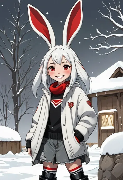 girl about 10 years old, with long ears of a lop-eared rabbit,body build thin, sinewy, Elongated, looks like a toy or cartoon character. Eternal smile, absorbs food through teeth. The coat color is snow-white with red stripes in the form of tattoos, a larg...