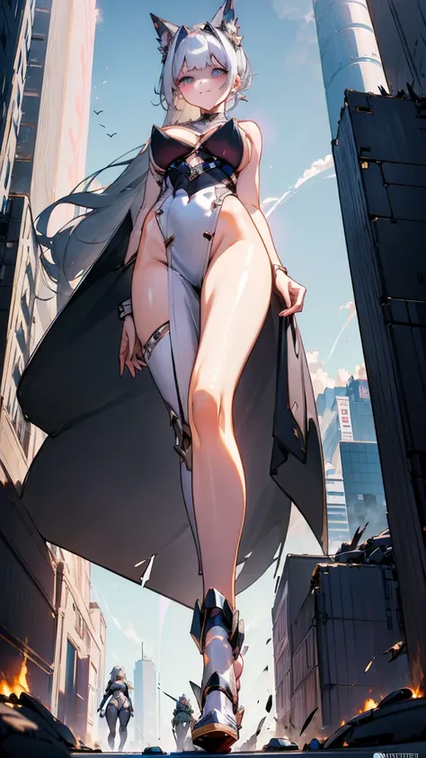 A voluptuous giantess in a revealing silver dress, with long platinum blonde hair and captivating violet eyes, strides through a futuristic metropolis. Her stiletto heels crush sleek buildings and advanced vehicles, her powerful legs creating shockwaves wi...