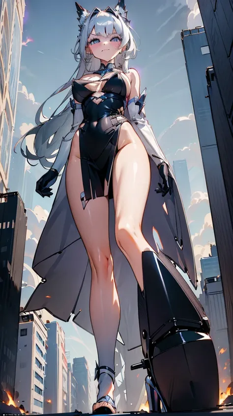 A voluptuous giantess in a revealing silver dress, with long platinum blonde hair and captivating violet eyes, strides through a futuristic metropolis. Her stiletto heels crush sleek buildings and advanced vehicles, her powerful legs creating shockwaves wi...