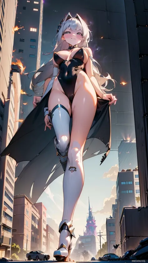 A voluptuous giantess in a revealing silver dress, with long platinum blonde hair and captivating violet eyes, strides through a futuristic metropolis. Her stiletto heels crush sleek buildings and advanced vehicles, her powerful legs creating shockwaves wi...