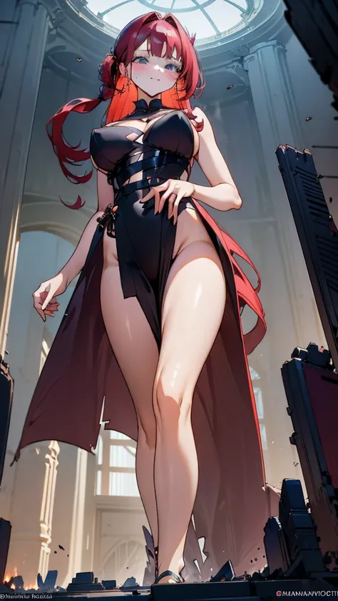 A seductive giantess in a flowing red gown, with long auburn hair and mesmerizing blue eyes, stands amidst the ruins of a grand ballroom. Her legs crush the elegant floor beneath her, her fingers idly toying with tiny guests. She gazes down with a sultry s...