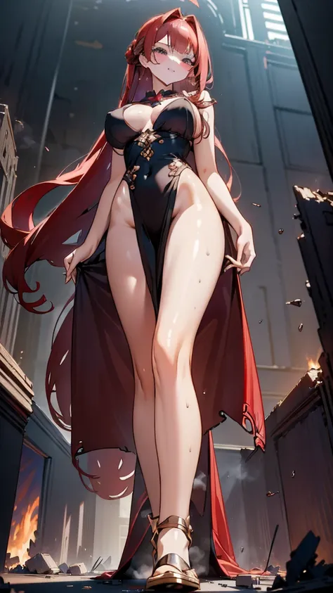 A seductive giantess in a flowing red gown, with long auburn hair and mesmerizing blue eyes, stands amidst the ruins of a grand ballroom. Her legs crush the elegant floor beneath her, her fingers idly toying with tiny guests. She gazes down with a sultry s...