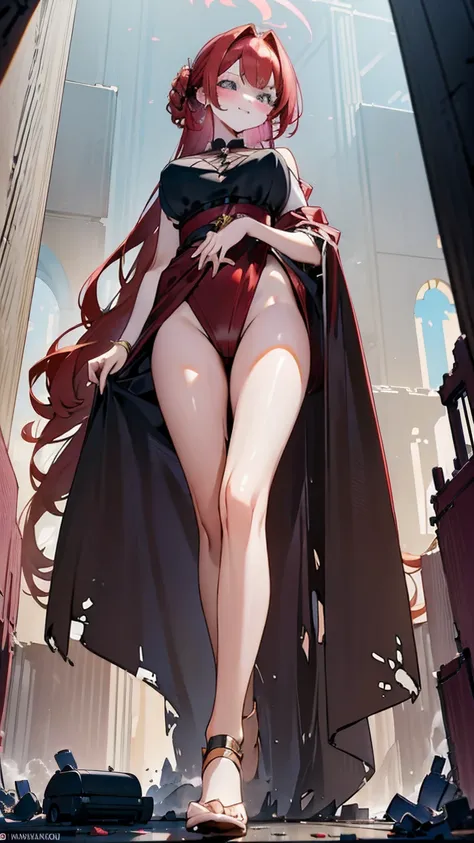 A seductive giantess in a flowing red gown, with long auburn hair and mesmerizing blue eyes, stands amidst the ruins of a grand ballroom. Her legs crush the elegant floor beneath her, her fingers idly toying with tiny guests. She gazes down with a sultry s...