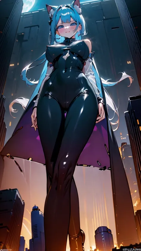 A seductive giantess in a tight silver catsuit, with long silver hair and glowing blue eyes, lounges sensually in a glowing city at night. Her massive body crushes advanced technology and sleek buildings beneath her, her legs spread wide as she gazes down ...