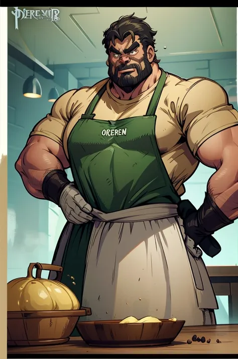 a cartoon image of a man with a knife in his hand, big metzger man posing scarily, ogre chef in an apron, illustration concept a...