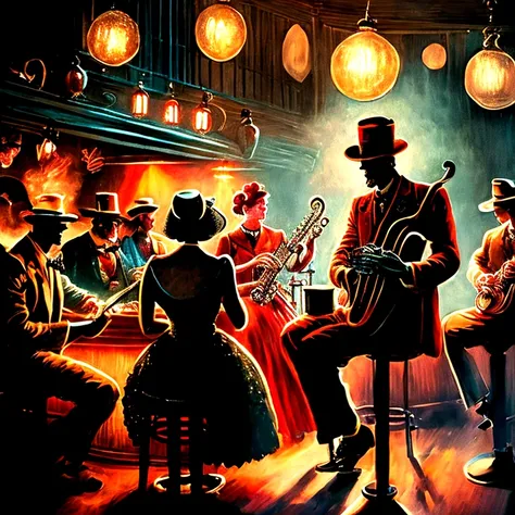 people sitting  in a smoky 1930s jazz bar, humans playing instruments on stage, bright christmas lights, people dancing