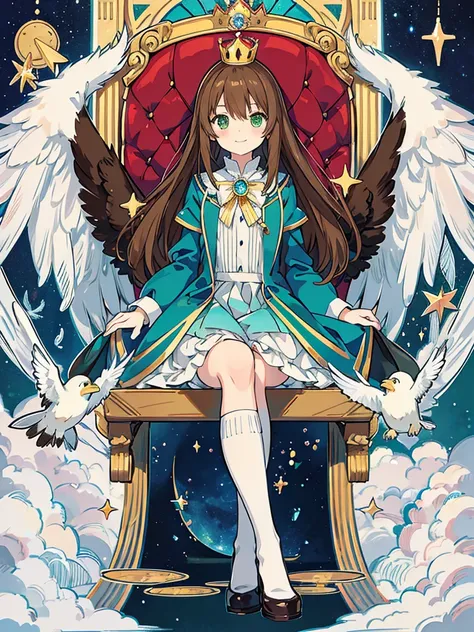 kawaii, anime, Cute, hyper quality, highly detailed, 16k, Front facing, Clarity, full body, smile, one girl and one bird, long brown hair, green eyes, alice in wonderland, throne, Fantastic, cross your legs, crown, crystal, brown bird familiar, magic effec...