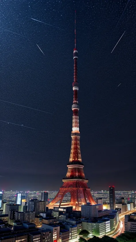 Night view from a helicopter Tokyo Tower Rain American car