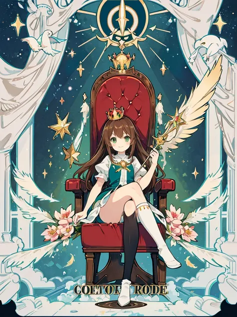 kawaii, anime, Cute, hyper quality, highly detailed, 16k, Front facing, Clarity, full body, smile, one girl and one bird, long brown hair, green eyes, alices wonderland, throne, Fantastic, cross your legs, crown, crystal, brown bird familiar, magic effects...