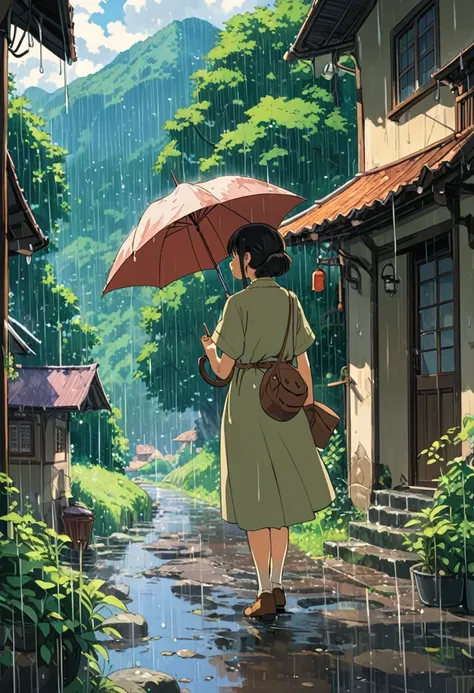 Studio Ghibli-style anime movies, Movie stills, Highest quality, masterpiece, Representative works, Official Art, Professional, Super intricate details, 8K, rain,I can see the back of a girl holding an umbrella.,Mountain