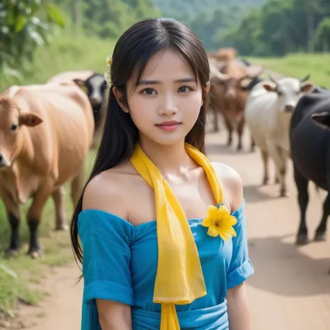 Sent by you:
Khmer Rural beautiful woman, 25 year old, charming face, long black hair, wearing a blue sarong adorned with yellow flowers Khmer style, wearing a pink long-sleeved shirt Khmer style, holding a whip, herding ten cows and buffaloes, wearing a s...