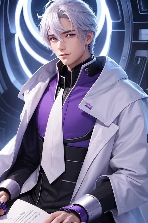 handsome young man
handsome man
Silver hair
Purple eyes
Cyber Systems Laboratory
white coat
Reading books
Illustration
cartoon style