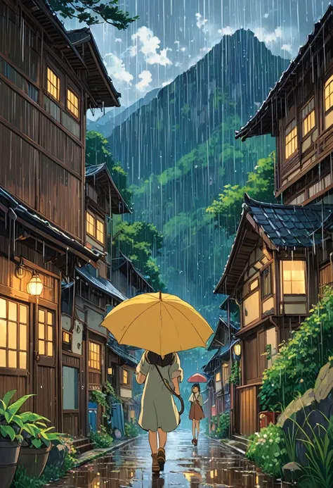 Studio Ghibli-style anime movies, Movie stills, Highest quality, masterpiece, Representative works, Official Art, Professional, Super intricate details, 8K, rain,I can see the back of a girl holding an umbrella.,Mountain